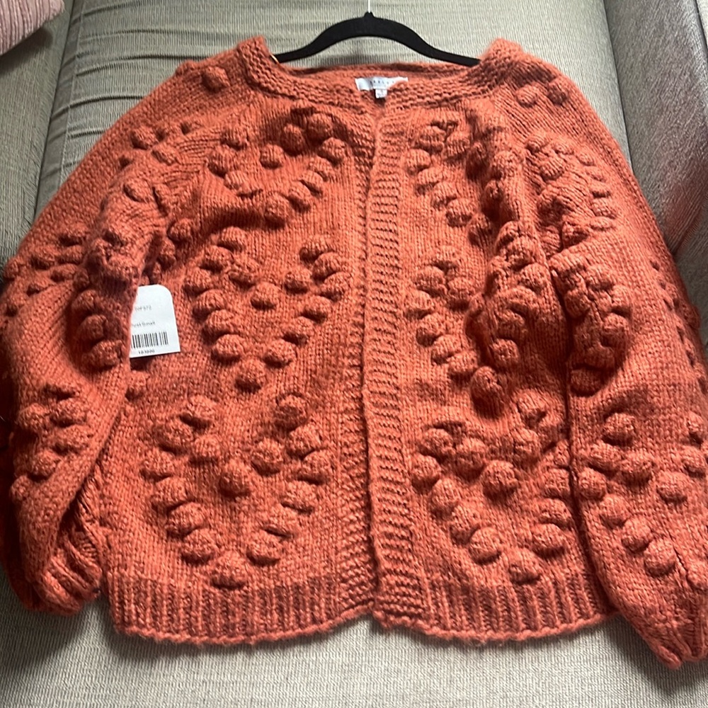 NWT - A rust color chunky open cardi that has dots the shape of hearts.